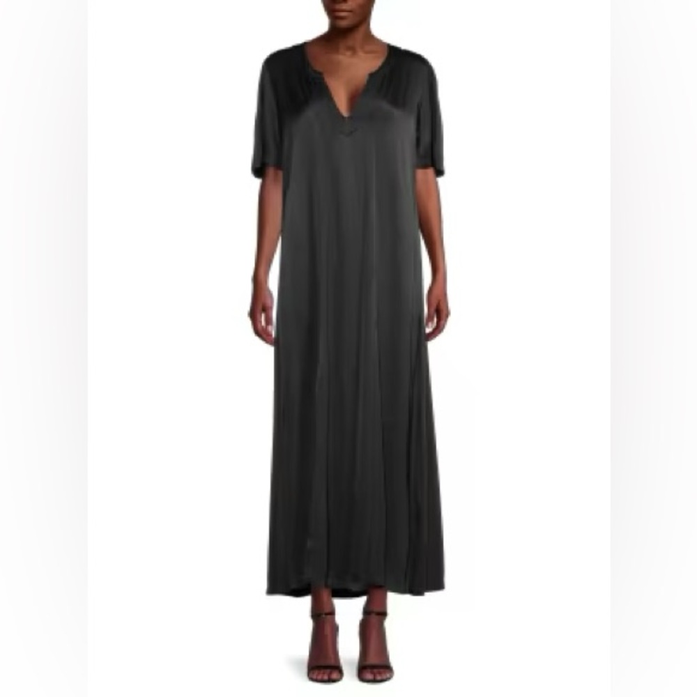 Raquel Allegra Black Flutter Split-Neck Maxi Dress. Size 0